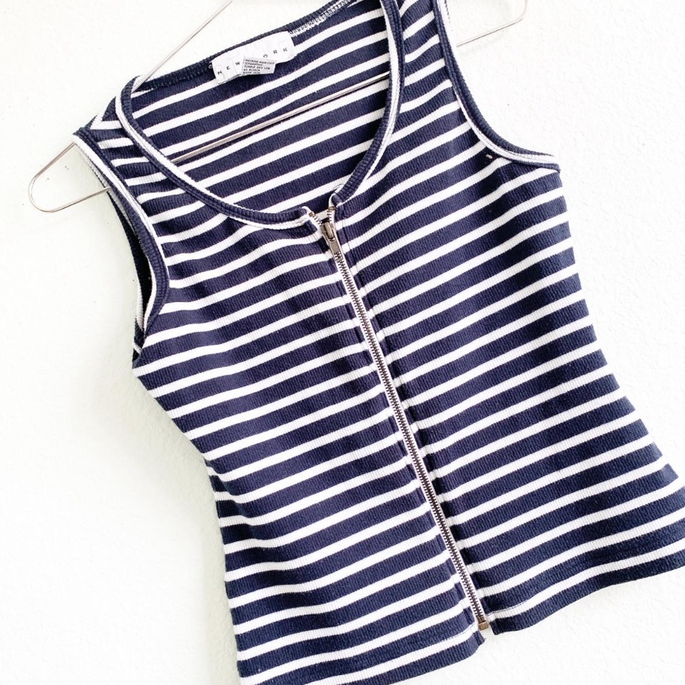 VINTAGE Style New York Navy Striped Sleeveless Top zip up front vtg Small - Picture 1 of 7